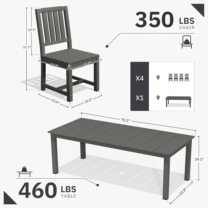 AreShark 5-Piece Outdoor Dining Set,HDPE Patio Table with 4 Armless Chairs,All-Weather Patio Furniture Set with Umbrella Hole,Low Maintenance Wood Grain Dining Set for Backyard,Garden,Poolside,White