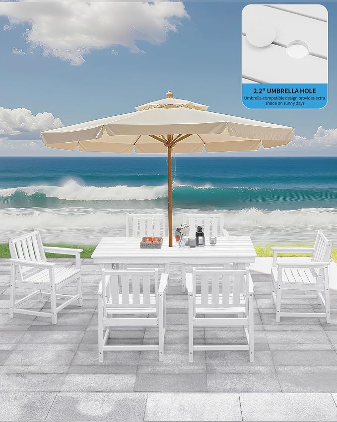 Outdoor HDPE Dining Table Set, 7-Piece Patio Dining Furniture Sets with Umbrella Hole Table and 6 Chairs for Backyard, Poolside, Garden and Lawn, White