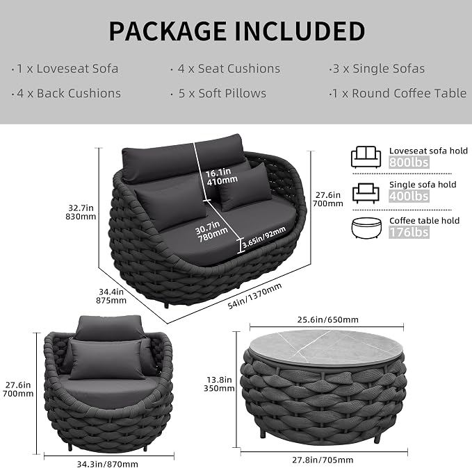 TWT Outdoor Patio Furniture Set-5 Pieces Aluminum Sectional Sofa, Metal Patio Conversation Set with Loveseat & Armchair, Textile Rope and Coffee Table, Dark Grey
