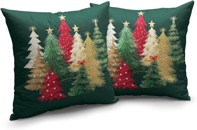Christmas Pillow Covers 20x20 Set of 2 Green Xmas Tree Throw Pillow Covers Winter Holiday Decorative Pillowcase Double Sided Printing Cushion Case for Home Decor Sofa Couch