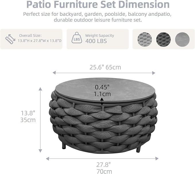 TWT 3 Piece Outdoor Patio Furniture Set, Rope Weave Patio Conversation Sofa with Water Repellent Cushions & Coffee Table,for Backyard Garden Porch Poolside,Dark Grey