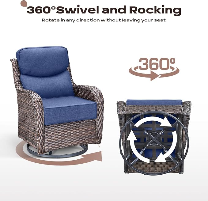 Rilyson Outdoor Patio Furniture Set - Weather Resistant Wicker,High Back,6 inch Cushions,3 Piece Patio Bistro Set with Swivel Rocker Chairs and Side Table for Deck Porch Yard,Brown/Blue