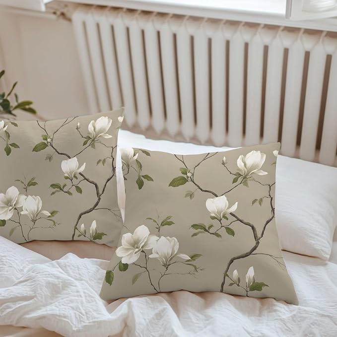 Vintage Floral Outdoor Pillow Covers 20"x20" Set of 2, Magnolia Flowers Branches Rustic Botanical Brown Waterproof Throw Pillow Covers for Patio Furniture, Decorative Cushion Covers for Porch