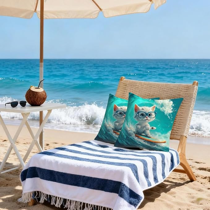 18x18 Inch Outdoor Pillow Covers Set of 2 Waterproof Throw Pillow Covers Decorative Couch Cushion Covers White Cat_ Surfing Square Pillowcases Protectors for Patio Garden Sofa