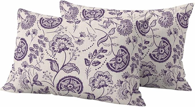 Outdoor Pillow Covers 20x12 Set of 2, Purple Spring Floral Waterproof Patio Throw Pillow Covers for Couch Sofa Chair, Summer Botanical Farmhouse Decorative Pillowcases for Throw Pillows
