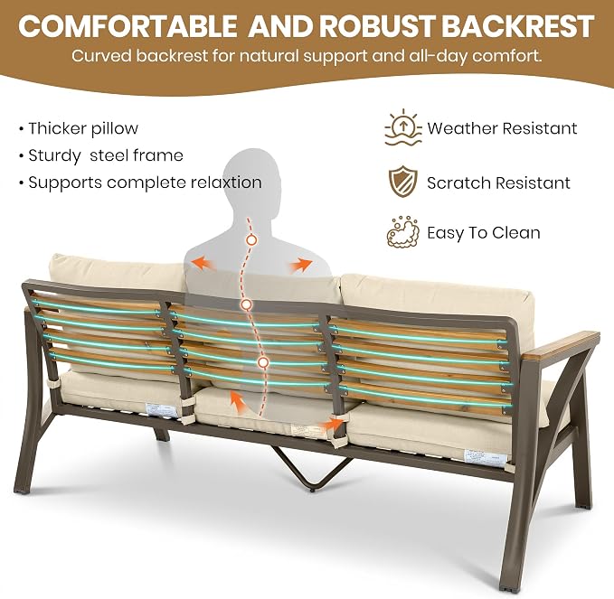 6-Piece Outdoor Patio Furniture Set,Steel Frame Sofa Set with 3-Seat Couch, 2 Armchairs,2 Ottomans & Acacia Wood Coffee Table, Cushioned Seating for Backyard, Garden,Poolside (Cream Beige#56)