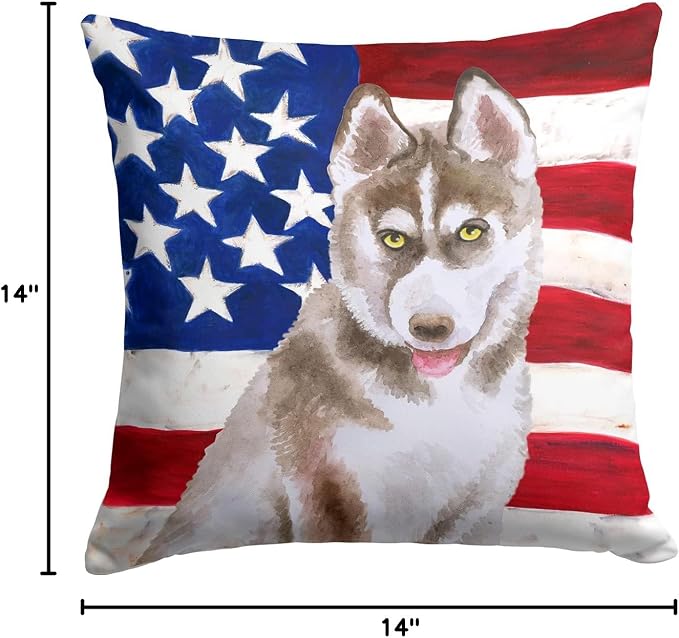 Caroline's Treasures BB9696PW1414 Siberian Husky Grey Patriotic Fabric Decorative Pillow Machine Washable, Indoor Outdoor Decorative Pillow for Couch, Bed or Patio, 14Hx14W