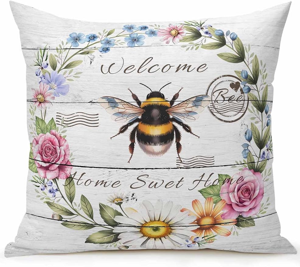 Outdoor Waterproof Throw Pillows Rustic Bee Flower Wreath Patio Pillows,Decorative Pillow Covers with Insert,Pillow Cushion Case for Garden Couch Sofa Farmhouse White Wood Board