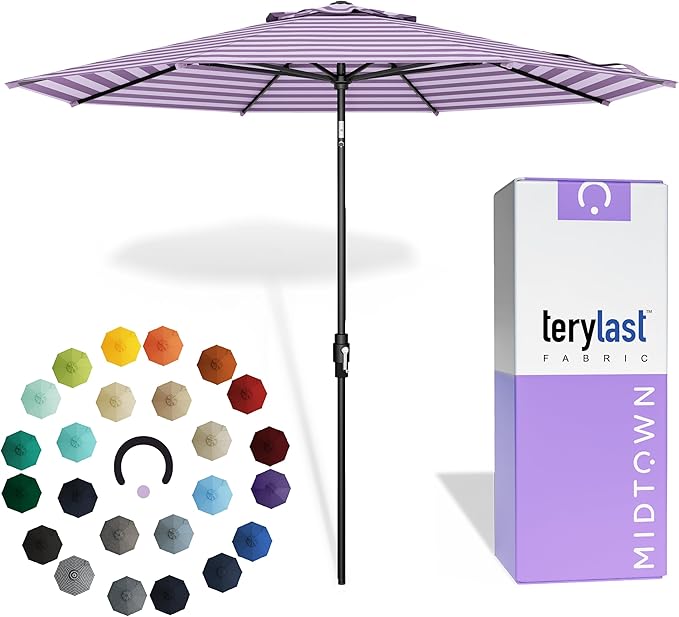 Midtown Umbrellas – The Swilt 10 Ft Patio Umbrellas with 360° Swivel & Tilt Mechanism, Fiberglass Ribs & Terylast Polyester Fabric for Backyard, Deck, Pool & Cafes - Midtown Stripes Canopy, Black Pole