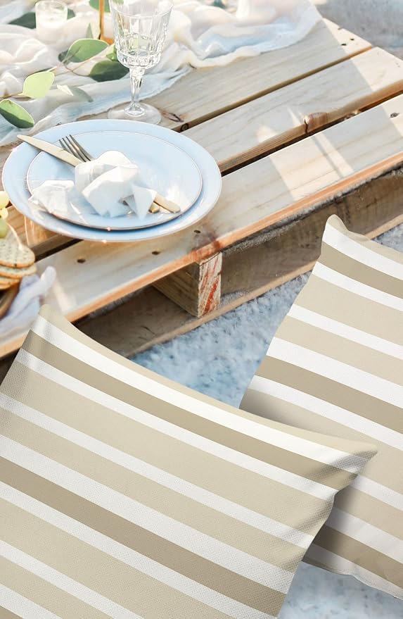 Outdoor Waterproof Pillow Covers for Patio Beige Stripe Farmhouse Decorative Throw Pillow Cover Beige White Stripe Pillowcases Set of 2 Cushion Case for Sofa Couch Chair Home Decor 26 x 26 Inches