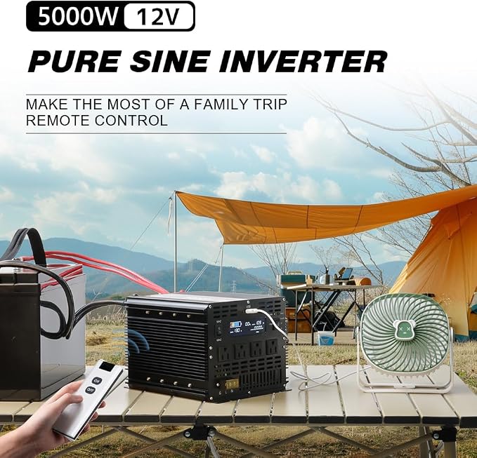 5000 Watt Pure Sine Wave Power Inverter, 12V DC to 110V/120V AC Converter 10000W Peak, with Remote Control LCD, 4 AC Outlets & USB Port & Hardwire Terminal, for Car Truck RV Camping Solar System EPS