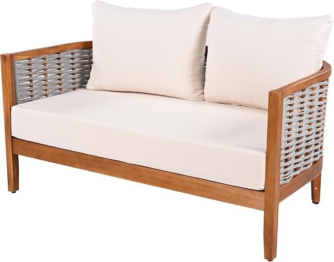 Merax 4 Pieces Acacia Wood Patio Furniture Set, Outdoor Woven Rope Conversation Sets with 1 Loveseat, 2 Chairs and Round Table for Backyard, Porch, Garden, Deep Seating & Soft Cushions, Teak+Beige