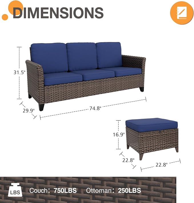 COOS BAY Harbor Retreat 3 Piece Outdoor Furniture Set, Patio Conversation Set with 3 Seat Couch and Ottomans, Wicker Furniture, Brown/Blue