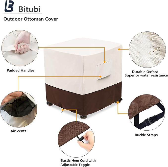 Bitubi Waterproof Patio Ottoman Cover, Heavy Duty Square Outdoor Side Table Furniture Covers Size 22L x 22W x 18H inch (Brown)