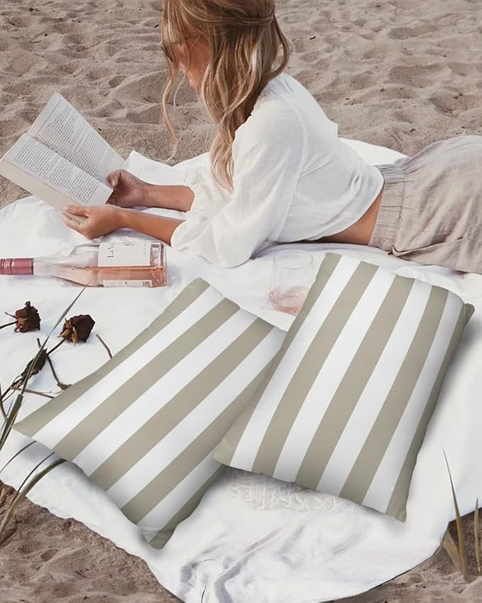 Outdoor Waterproof Pillow Covers for Patio Furniture Classical Striped Decorative Throw Pillow Cover Beige Pillowcases Set of 2 Cushion Case for Sofa Couch Chair Home Decor 20 x 12 Inches