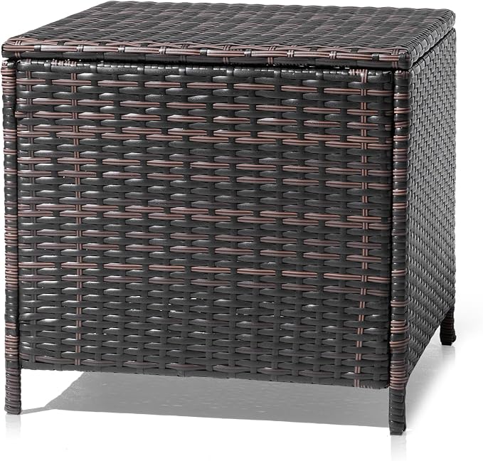 Outdoor Small Deck Box with Lid, Outdoor Wicker Side Table with Storage, Wicker Storage Box Patio Rattan End Table Small Resin Square Container Coffee Table Outdoor Side Table Patio Storage Box