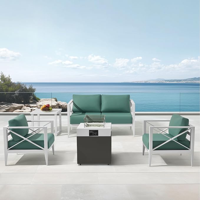 Outdoor Aluminum Patio Furniture Set, 4-Seats Patio Conversation Sofa Set with 37,000 BTU Fire Pit Table w/Glass Wind Guard, All Weather for Pool, Garden-White