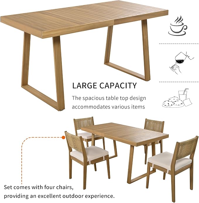 RUNNA Modern Acacia Wood Outdoor Dining Table and Chairs Set with Thick Cushions, Elegant Patio, Balcony, Garden Furniture for Entertaining (Beige-A2)