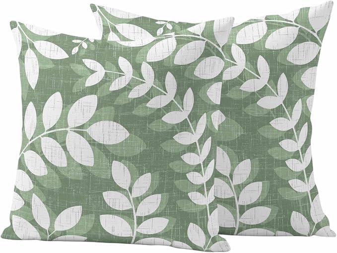 Green Leaves Outdoor Waterproof Throw Pillow Covers 16x16 Set of 2, Farmhouse Botanical Branch Vintage Boho Leaf Decorative Pillowcases Cushion Pillowcase for Couch Sofa Patio Outside Pillow Protector
