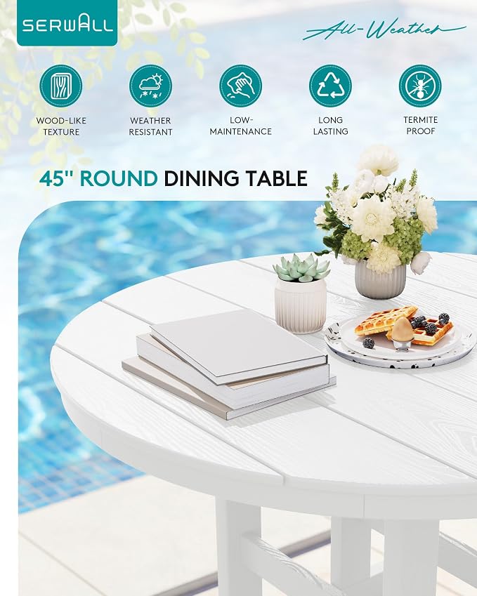 SERWALL 6-Piece Patio Dining Sets, HDPE Outdoor Table and Chairs Furniture Set with Umbrella, 45" Round Dining Table & 4 Armless Dining Chairs & 1 9FT Umbrella, White(Not Include Umbrella Base)