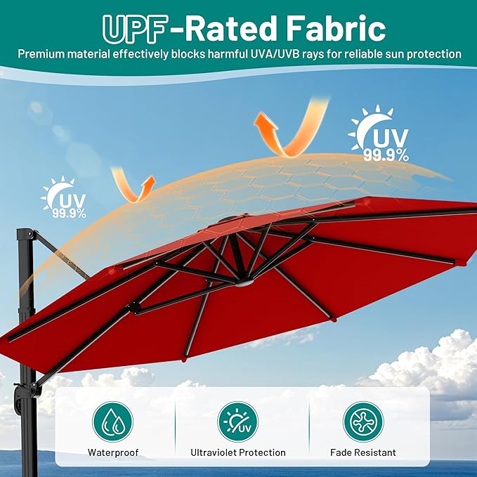 AreShark 11FT Cantilever Patio Umbrella, 360-Degree Rotation Round Hanging Offset Umbrella with Crank, Heavy Duty Patio Umbrella for Patio, Pool, Garden, Deck, Red