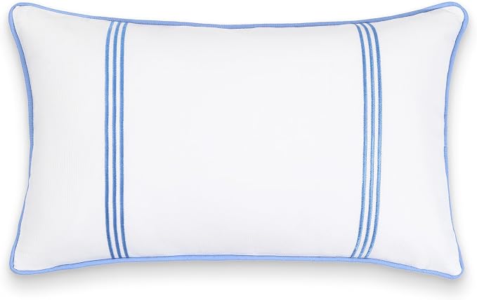 Hofdeco Premium Coastal Patio Indoor Outdoor Lumbar Pillow Cover Only, 12"x20" Water Repellent for Backyard, Couch, Cornflower Blue Embroidered Vertical Line