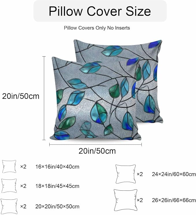 Glass Leaves Outdoor Waterproof Pillow Covers Set of 2, Abstract Blue Green Ombre Leaf Glass Splicing Pillowcase Decorative Throw Cushion Cases for Patio Garden Couch 18 x 18 Inches
