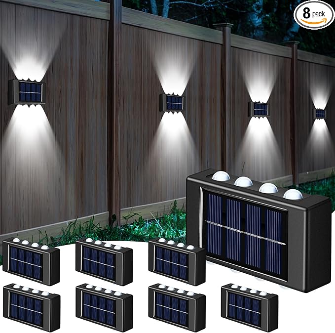 Rossesay 8 Pack Solar Wall Lights for Outside 6000K Cold Solar Fence Lights Up and Down LED Autumn Outdoor Decorative Waterproof Lamps Dusk to Dawn LED Lighting Wall Sconces for Outside Deck Garage