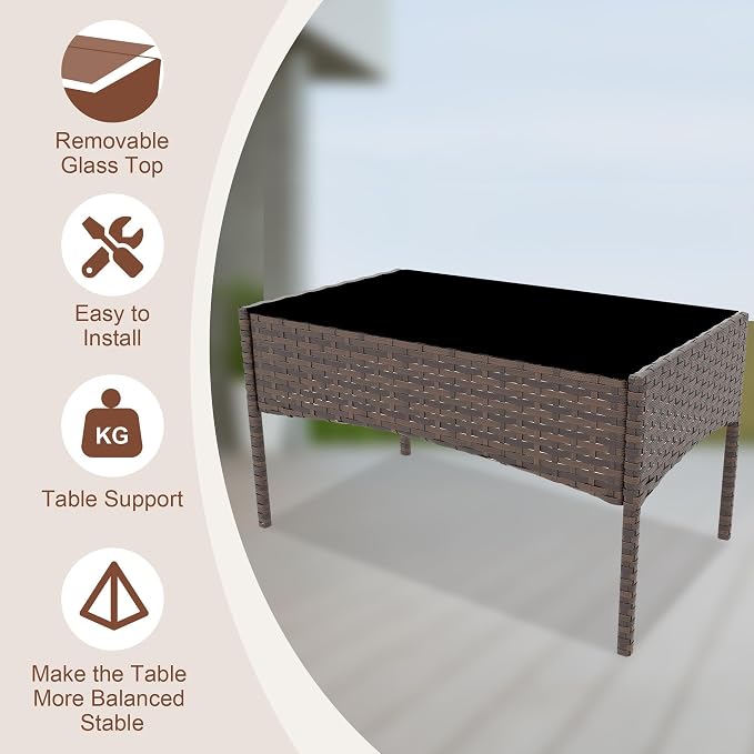 Outdoor Wicker Patio Set 4 Piece, Rattan Conversation Furniture with Loveseat, 2 Armchairs, Tempered Glass Table and Cream Cushions, Patio Seating for Balcony Porch Garden Poolside