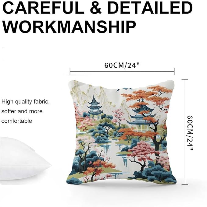 Chinoiserie Pagoda White Coral Blue Cushion Cases Chinoiserie Chic Asian Cushion Cover 24x24 INClassic Accent Throw Pillow Covers Farmhouse Decorative for Couch Sofa Bedroom Car