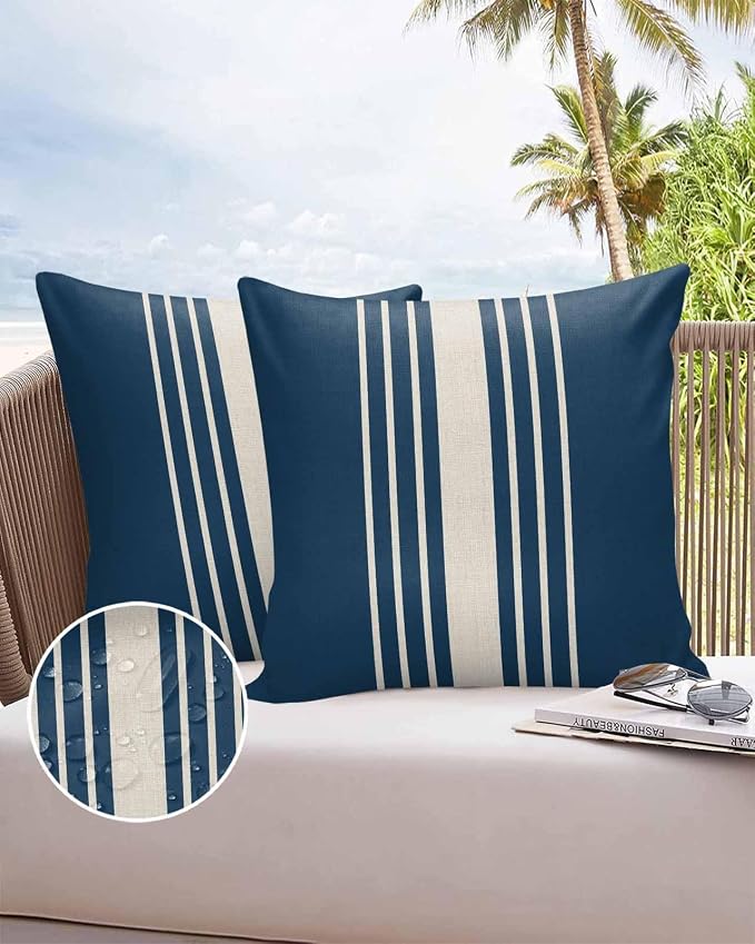 Vandarllin Outdoor Throw Pillows Covers 20x20 inch Set of 2 Waterproof Navy Blue Vertical Stripes Decorative Zippered Cushion Covers for Patio Furniture, Classic Striped Linen Lumbar Pillowcases