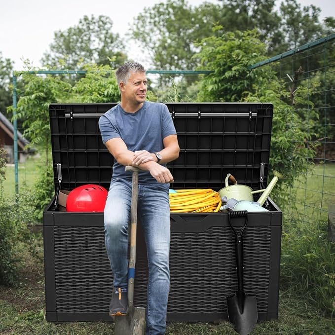 100 Gallon Resin Deck Box Large Outdoor Storage with Imitation Rattan Weave Texture Weatherproof UV Resistant Lockable for Patio Furniture Garden Tools Pool Supplies Dark Black