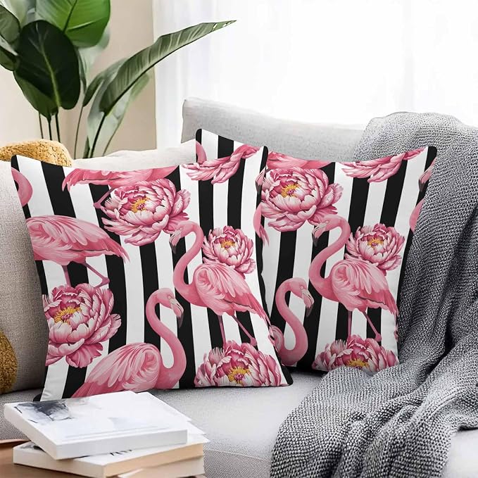 Pink Flamingos and Flowers with Black and White Stripe Outdoor Pillow Cover 16x16 Inch Cushion Sham Case, Waterproof Decorative Square Throw Pillowcase for Outside Garden Patio Porch Couch Chair Tent