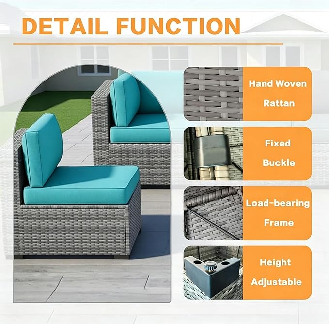 MOCHITO 7 Pcs Outdoor Patio Furniture Sets Grey Rattan Turk Blue Cushions | All-Weather Sectional Sofa, with Glass Table, PE Rattan Wicker Patio Furniture , Washable Cushions, for Balcony Porch Garden