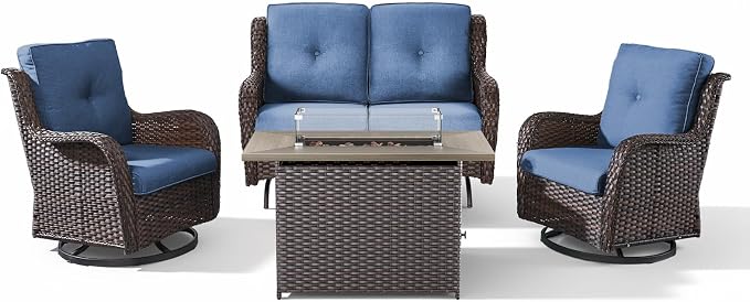 Belord 4 Piece Patio Wicker Furniture Set, Outdoor Swivel Rocker Chairs, All Weather Outdoor Patio Loveseat Set with Fire Pit Table for Deck Porch, Brown Wicker/Blue