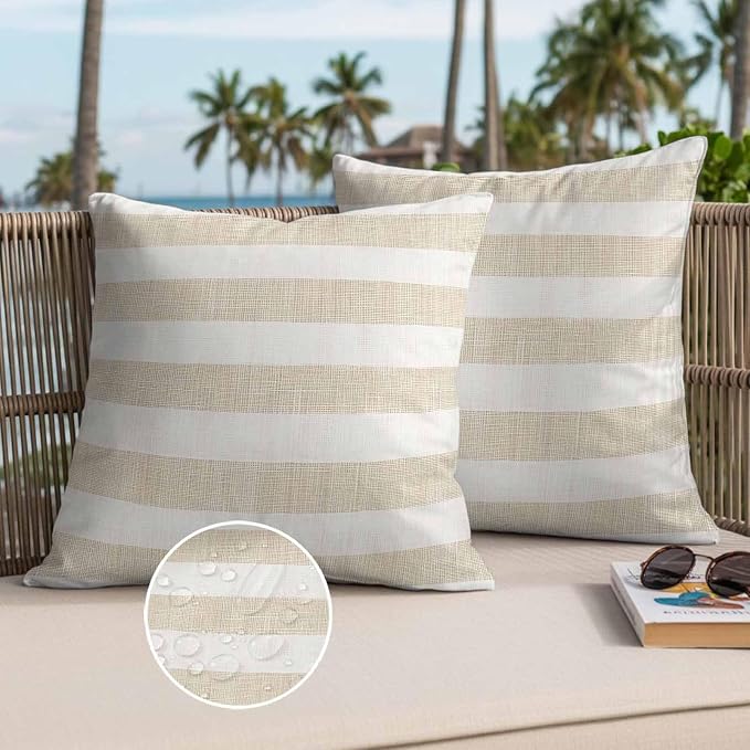 Vintage Linen Outdoor Waterproof Throw Pillow Covers Set of 2, 24"x24", Striped Beige Theme Farmhouse Decorative Pillow Covers Outside Cushion Case for Patio Porch Garden