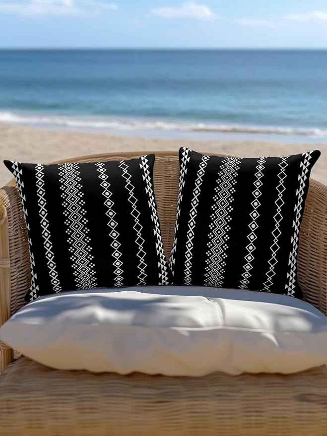 Outdoor Waterproof Throw Pillows 18x18in, Traditional Tribal White Diamond Patio Pillows Pack of 2, Decorative Pillow Covers with Insert, Pillow Cushion Case for Garden Boho Geometric on Black