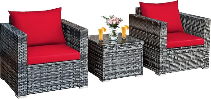 COSTWAY 3-Piece Patio Furniture Set, Outdoor Wicker Rattan Sofa with Cushions and Coffee Table, Conversation Chair Set for Poolside Backyard Balcony Lawn (Red)