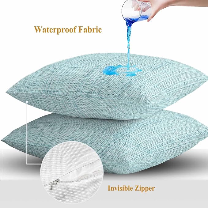Outdoor Waterproof Throw Pillow Covers Set of 2 Teal Linen Texture Pillowcases 20x20 Inches Solid Color Decorative Pillows Cushion Case Patio Pillows for Couch Bed Chair Garden
