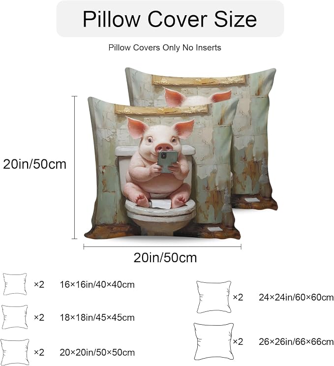 Waterproof Pillow Covers Set of 2 16x16 Inch Vintage Funny Outdoor Cushion Covers Piggy Cell Phone Toilet Decorative Pillow Cases for Patio, Sofa, Couch, Garden, Balcony