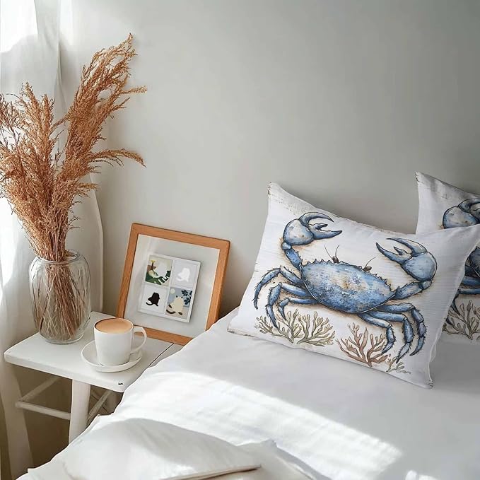 Blue Crab Coastal Outdoor Waterproof Pillow Covers, Nautical Summer Coral Ocean Beach Decorative Rectangle Throw Pillowcase Sofa Cushion Sham for Patio/Couch/Chair, 20"x12" 2 Pack