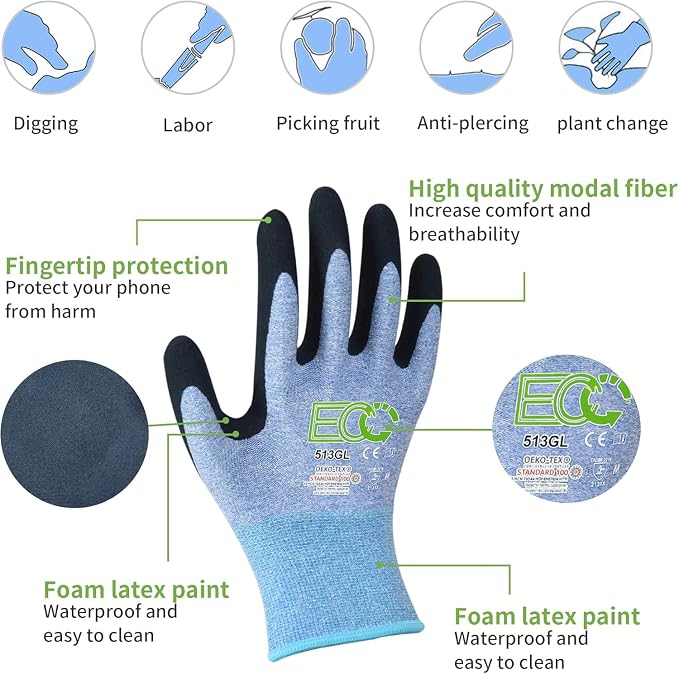 7 Pairs Women Gardening Gloves, EN388 2131X Outdoor Protective Work Gloves with Breathable Micro-Foam Coating for Gardening, General Purpose, Courtyard, 3 Purple + 3Blue +1 Grey | 3 purple + 3 blue + 1 gray, breathable garden gloves, recycled PET. Idea...