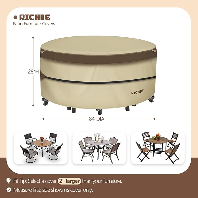 RICHIE Outdoor Patio Furniture Cover - Heavy Duty Waterproof 600D Tough Canvas Protector for Round Table Cover, All-Season Dining Table and Chair Cover (84"DIAx28"H)