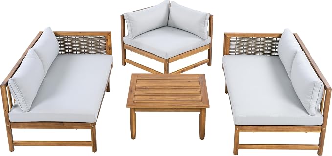 Christopher Knight Home Tenntt 5-Seater Acacia Wood Patio Furniture Set, Outdoor Conversation Sofa Chat Set with Coffee Table, Wicker Arm, Sectional Seating Group for Backyard Balcony, Teak+Light Gray