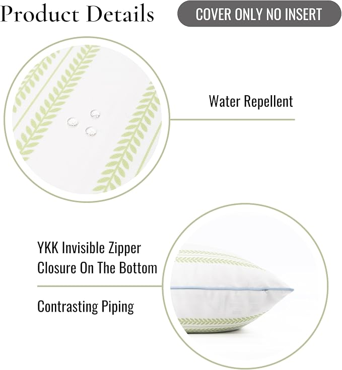 Hofdeco Premium Grandmillennial Coastal Hampton Patio Indoor Outdoor Throw Pillow Cover Only, 22"x22" Water Repellent for Backyard, Couch, Poolside, Grass Green Baby Blue Print Leaf Striped