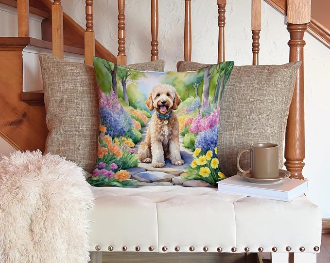 Caroline's Treasures Goldendoodle Spring Path Throw Pillow Machine Washable, Indoor Outdoor Decorative Pillow for Couch, Bed or Patio, 14Hx14W