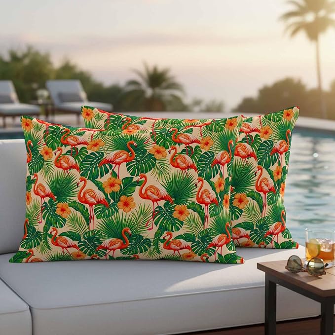 Red Flamingos Outdoor Pillow Covers 20"x12" Set of 2, Jungle Plants Hibiscus Flower Green Leaf Botanical Waterproof Throw Pillow Covers for Patio Furniture, Decorative Cushion Covers for Porch