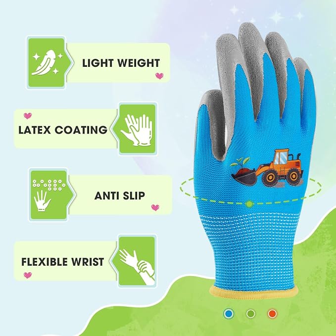 WAWSAM Kids Gardening Gloves 3 Pairs Toddlers Rubber Coated Work Gloves Children Garden Gloves
