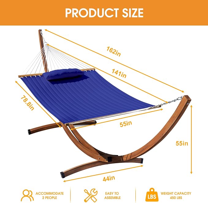 Lazy Daze Hammocks Double Quilted Hammock with 13 FT Curved Steel Heavy Duty Stand and Pillow for Outside, Backyard, Patio, 450 Lbs Capacity, Blue