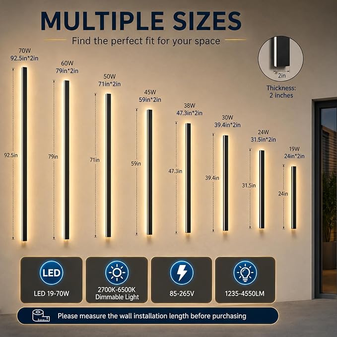 2 Pcs 79in Modern Outdoor Wall Lights, 2700K-6500K Dimmable Exterior Wall Sconce, Long Wall Light with Remote Control, Black Linear Wall Lighting Fixtures for House, Garage